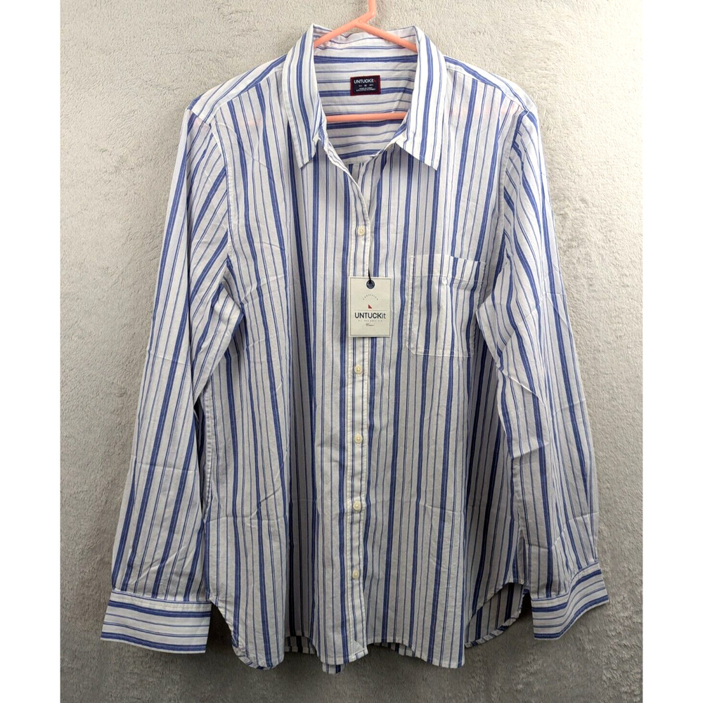 Untuckit sz 18 Shirt Pinot Perse blue white stripes buttons ls top 1393